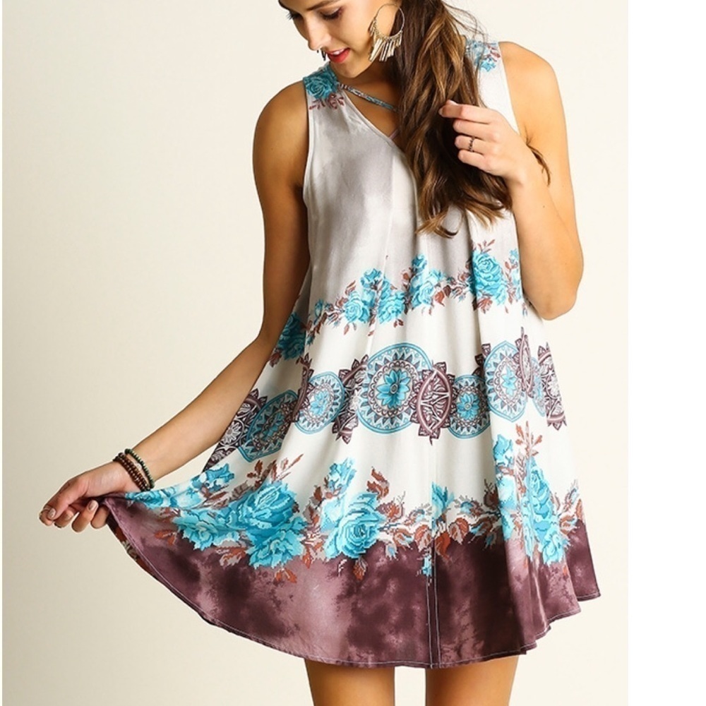 Loose fitting swing dress, turquoise, brown, cream